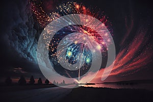 illustration, spectacular image in erupting bright fireworks, ai generative