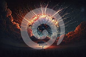 illustration, spectacular image in erupting bright fireworks, ai generative