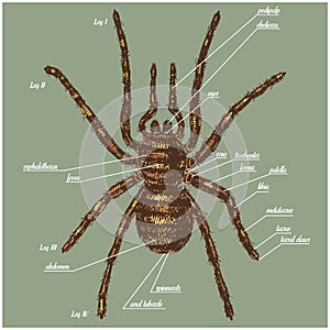 Illustration of a spider anatomy include all name of animal parts. Birdeater species in hand drawn or engraved style