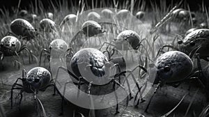 Illustration of spiders crawling over the grass in black and white