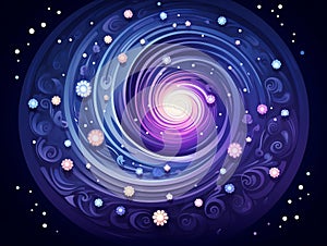 an illustration of a spiral galaxy with stars and flowers