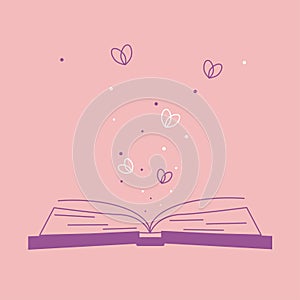 Illustration of spiritual session. Set of magic items, magic book about love, romantic sentiment, state of soul. Vector drawing