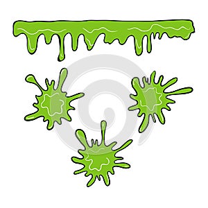 Illustration of splatter and dribble, spot and drop, slime and blob. Dripping slime. Green dirt splat, goo dripping splodges of
