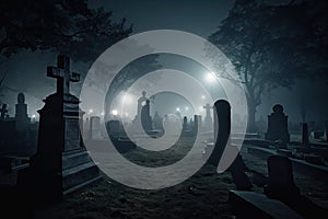 illustration of a spooky graveyard at night, with eerie fog creeping over the tombstones Halloween