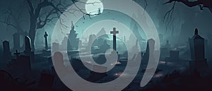 illustration of a spooky graveyard at night, with eerie fog creeping over the tombstones Halloween