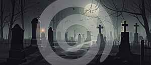 illustration of a spooky graveyard at night, with eerie fog creeping over the tombstones Halloween