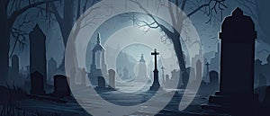 illustration of a spooky graveyard at night, with eerie fog creeping over the tombstones Halloween