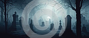 illustration of a spooky graveyard at night, with eerie fog creeping over the tombstones Halloween