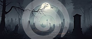 illustration of a spooky graveyard at night, with eerie fog creeping over the tombstones Halloween