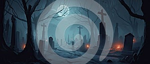 illustration of a spooky graveyard at night, with eerie fog creeping over the tombstones Halloween