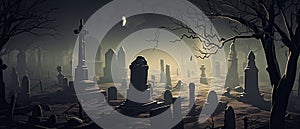 illustration of a spooky graveyard at night, with eerie fog creeping over the tombstones Halloween