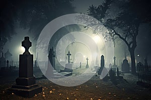 illustration of a spooky graveyard at night, with eerie fog creeping over the tombstones Halloween