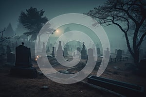 illustration of a spooky graveyard at night, with eerie fog creeping over the tombstones Halloween