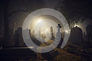 illustration of a spooky graveyard at night, with eerie fog creeping over the tombstones Halloween