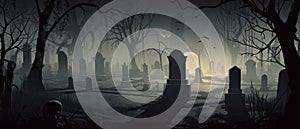 illustration of a spooky graveyard at night, with eerie fog creeping over the tombstones Halloween