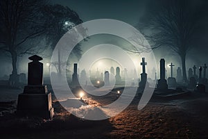 illustration of a spooky graveyard at night, with eerie fog creeping over the tombstones Halloween