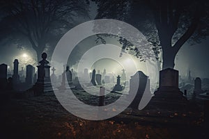 illustration of a spooky graveyard at night, with eerie fog creeping over the tombstones Halloween