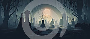 illustration of a spooky graveyard at night, with eerie fog creeping over the tombstones Halloween