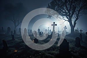 illustration of a spooky graveyard at night, with eerie fog creeping over the tombstones Halloween