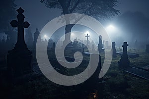 illustration of a spooky graveyard at night, with eerie fog creeping over the tombstones Halloween