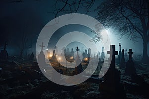 illustration of a spooky graveyard at night, with eerie fog creeping over the tombstones Halloween