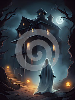 illustration of a spooky halloween house in a cemetery with scary haunted tree, Ai generated photo