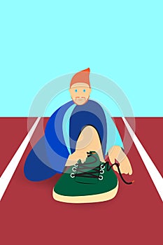 Illustration sport man is tying a shoe on track runner.