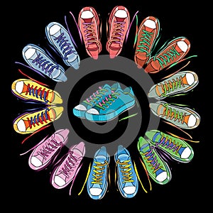 illustration of Sport shoes, sneakers round on black background