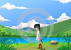 Illustration: Spring: The Little Girl by the Beautiful Mountain's River Side with Green Grass and Little Flowers.