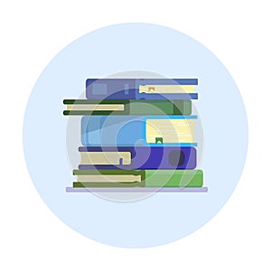 Illustration of a stack of books in blue circle. blue and green books. logo for bookstore, library