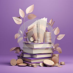 Illustration of a stack of books and coins in lilac colors