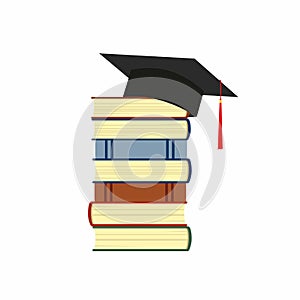 Illustration of a stack of books and a hat of the graduate isolated on white background.
