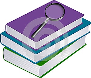 Illustration of stack of books with magnifier