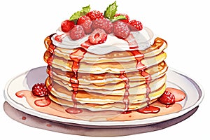 Illustration of a stack of delicious pancakes decorated with raspberries, whipped cream and maple syrup, honey.