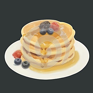 Illustration Stack of Pancakes with Syrup and Berries Isolated Background Breakfast Icon photo