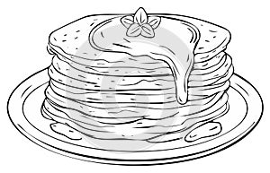 Illustration of a Stack of Pancakes with Syrup and a Leaf Garnish