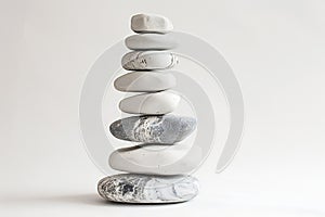 Stack of white pebble stones on white background,  Zen concept