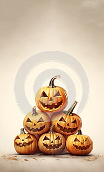 Illustration of a Stack of yellow Halloween pumpkins over light background with autumn leaves. Spooky pumpkins with evil faces,