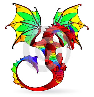 Illustration in Stained glass stile  with a bright red winged dragon, figure isolated on a white background