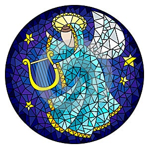 Stained glass illustration with an abstract angel in pink robe play the harp , round picture