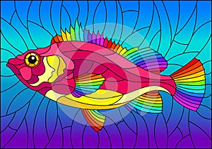 Stained glass illustration with abstract bright fish on blue background