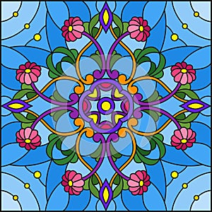 Illustration in stained glass style abstract floral ornaments, flowers, leaves and curls on blue background, square illustration