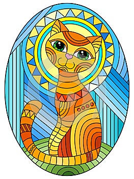 Stained glass illustration with  abstract geometric red cat and the sun on an abstract blue background, oval image