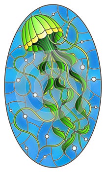 Stained glass illustration with  abstract green  jellyfish against a blue sea and bubbles, oval image