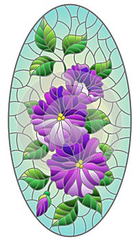 Stained glass illustration with abstract intertwined purple flowers and leaves on blue background,vertical orientation, oval image