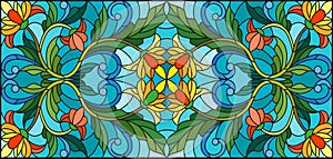 Stained glass illustration with abstract orange flowers on a blue background