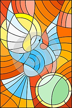Stained glass illustration with abstract pigeon and the sun on orange background
