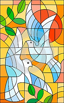 Stained glass illustration with abstract pigeons, the sun and branches n bright orange sky