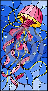 Stained glass illustration with abstract pink jellyfish against a blue sea and bubbles