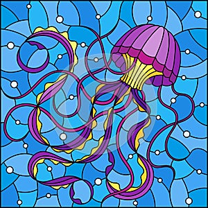 Stained glass illustration with  abstract purple  jellyfish against a blue sea and bubbles, square image